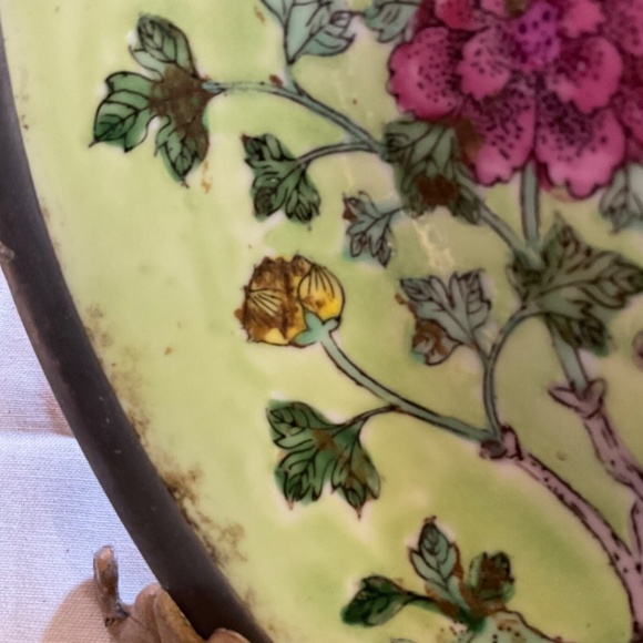 Japan Porcelain Metal Encased Bowl 8” Painted Hong Kong Pink Floral & Green Vtg - Picture 6 of 7